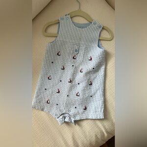 Little Me Blue Striped Baby Romper with Sailboat Embroidery